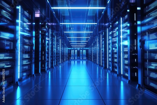 Rows of Servers in a Data Center Illuminated by Cool Blue Lights