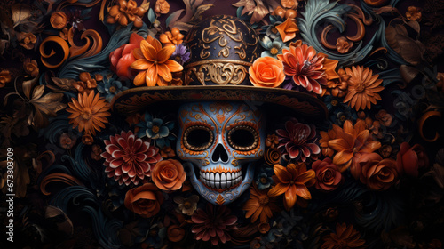 Day of the dead sugar skull with hat, poster design, floral background, illustration. © Joel/Peopleimages - AI