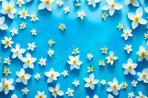 Jasmine flowers and leaves floating on bright blue wavy water. Minimal nature background. Summer scene with sunny day shadows.4k, 8k, 16k, full ultra hd, high resolution and cinematic photography 