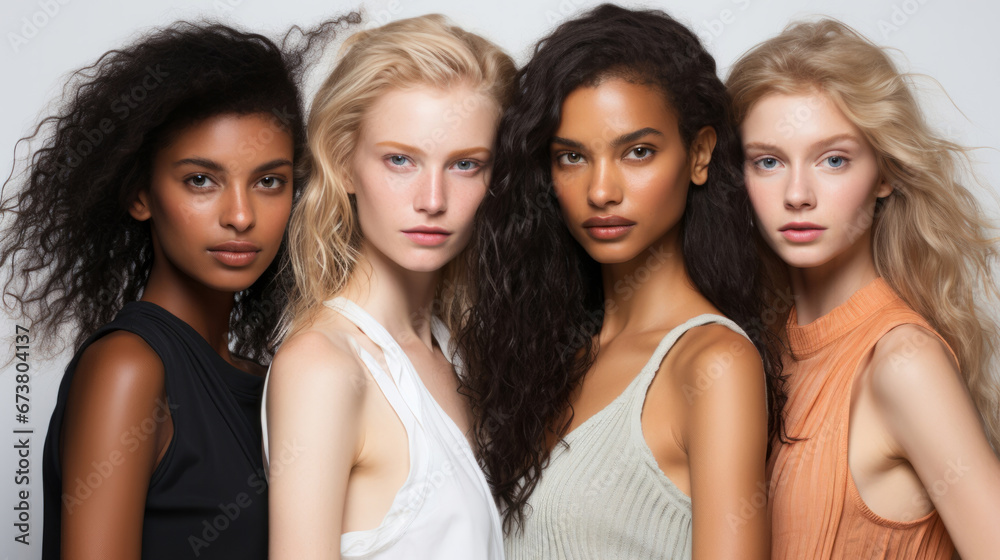 Portrait of attractive models posing. Make-up, smooth skin. Natural light. Fashion concept Portrait of attractive models posing. Make-up, smooth skin. Natural light. Fashion concept