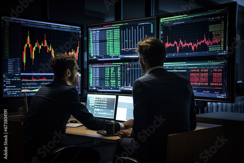 Rear view of men traders sitting at desk at office together monitoring stocks data charts on screen analyzing price flow.