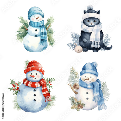 Funny winter cat Christmas decor watercolor for new year greeting card on white background