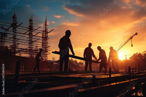 Silhouette of construction worker team working at commercial concreting floors of building in construction site.
