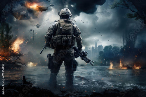 Rear view of soldier fighting on battle field