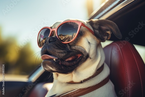 Pug Dog Rocking Cool Shades in a Stylish Car