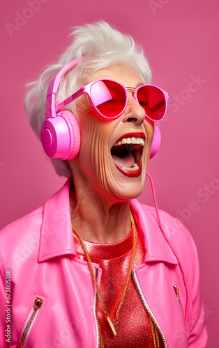 An amused and joyful elderly woman listens to music with headphones © Giordano Aita