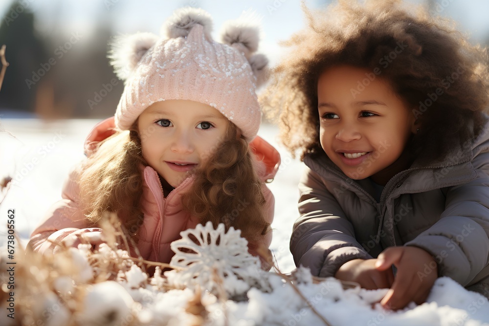 Obraz premium diversity children playing together in winter with snowflakes. generative AI