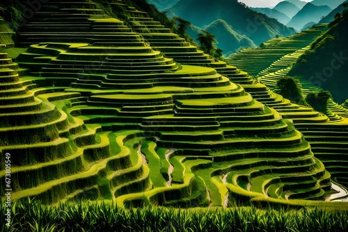 Terraced rice field landscape layer by layer reaching up as endless