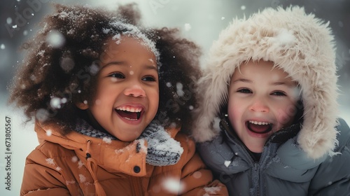 diversity children playing together in winter with snowflakes. generative AI