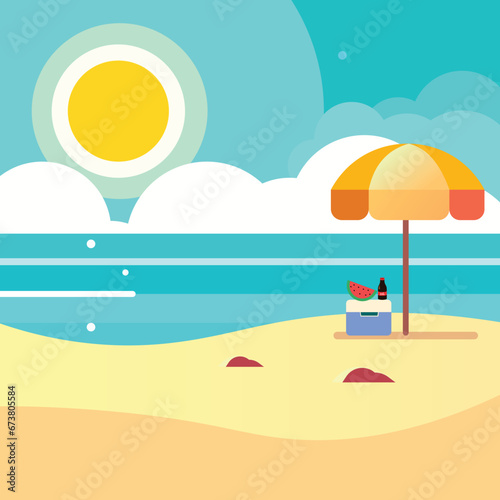 Vector Flat Summer Beach with Parasol Illustration