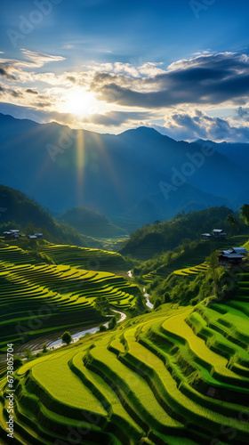 Green terraced rice field at sunset in Mu Cang Chai, YenBai, Vietnam, Countryside, Peaceful nature landscape © rabbizz77