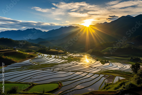 Panorama view of terraced rice field at sunset in Sapa, Lao Cai, Vietnam, Countryside, Peaceful nature landscape photo