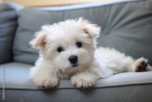 A Cozy Companion: Small White Dog Enjoying a Relaxing Nap on the Couch