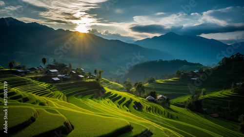 Panorama view of green terraced rice field at sunset in Mu Cang Chai, YenBai, Vietnam, Countryside, Peaceful nature landscape photo