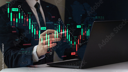 Dashboard graph of forex statistics, business and financial analytics, profit and cost rate, investment data marketing sale report, Businessman working with laptop computer and bigdata photo