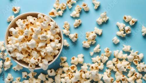 Flat lay of popcorn cup on a blue background.