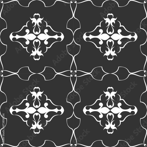 seamless botanical pattern of painted oriental motifs on a white background