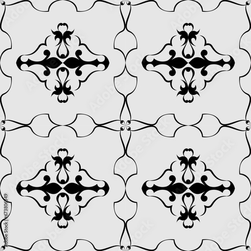 seamless botanical pattern of painted oriental motifs on a white background