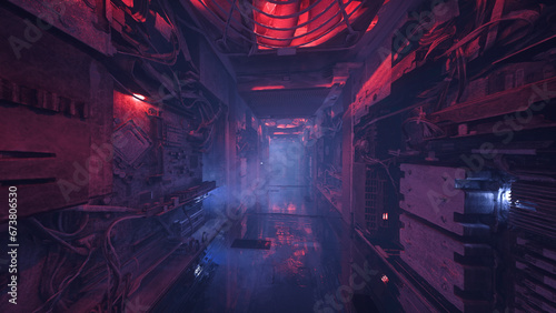 Fototapeta Naklejka Na Ścianę i Meble -  Dark moody cyberpunk sci-fi tunnel in an alien space ship or station. 3D illustration.