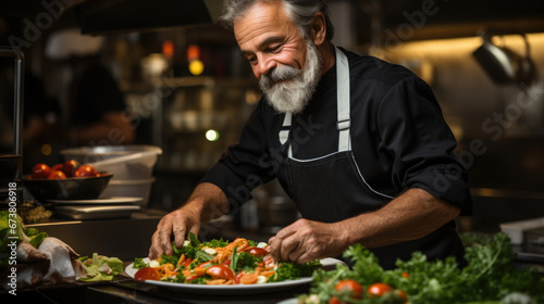 Culinary expert putting fresh chopped herbs in pan while cooking gourmet dish for dinner service at fine dining restaurant. Head chef preparing organic meal in professional kitchen.