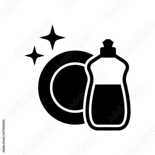 Dishwashing icon. Clean tableware. Dish washing. Clean dishes. Washing dishes. Washing up liquid. Vector icon isolated on white background.