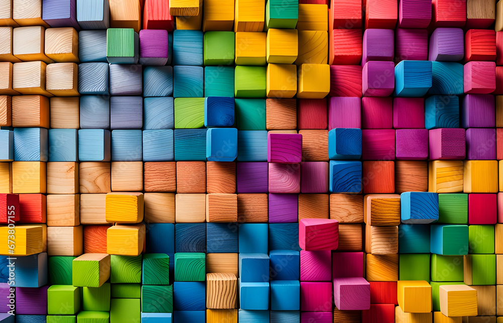 Colorful background with wooden blocks. Multicolored backdrop, creativity concept