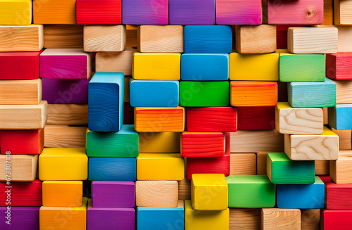 Colorful wooden blocks. Multicolored backdrop, creativity concept