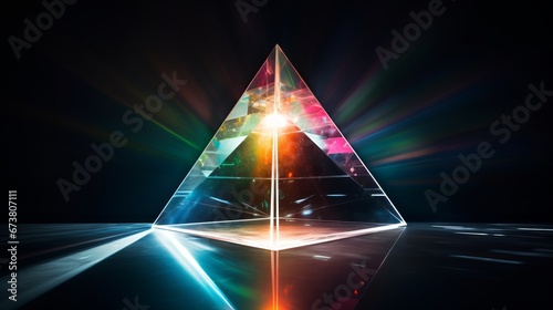 big glass traingle prism with a light beam coming from left and colorful light photo