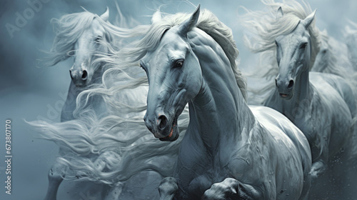 Herd of white horses running through the snow. © Ruslan Gilmanshin