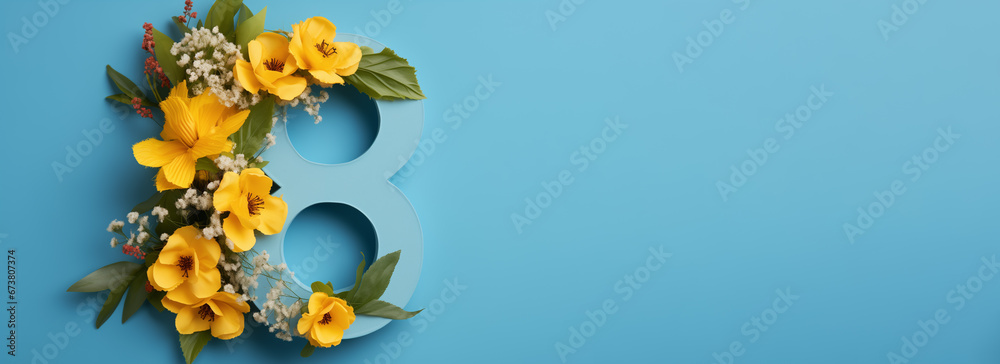 number 8 shape layout with yellow flowers bouquet on blue background. copy space. top view. concept of international women's day. March 8 - obrazy, fototapety, plakaty 