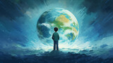 child looks at planet earth. concept save the planet