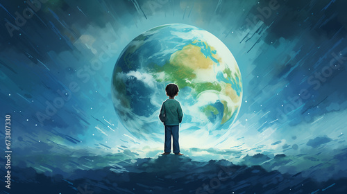 child looks at planet earth. concept save the planet photo