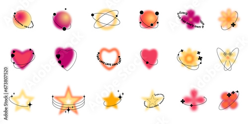 Blurred gradient shapes in 2K style with linear shapes and blurred elements of star or heart aura aesthetics. Modern minimalist design element with blur gradients for a set of vector logo templates