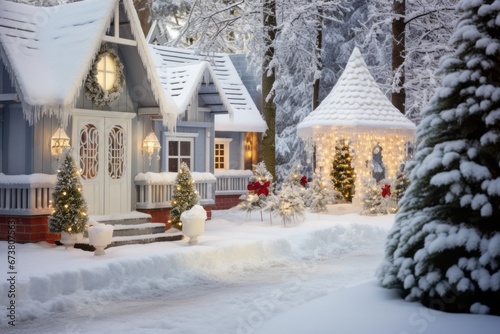 New Year's Charm: A residence surrounded by a layer of snow, adorned with beautifully decorated Christmas trees