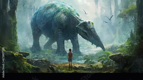Man exploring a jungle exoplanet with gigantic and unknown animals.