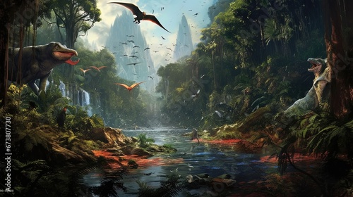 Man exploring a jungle exoplanet with gigantic and unknown animals. photo