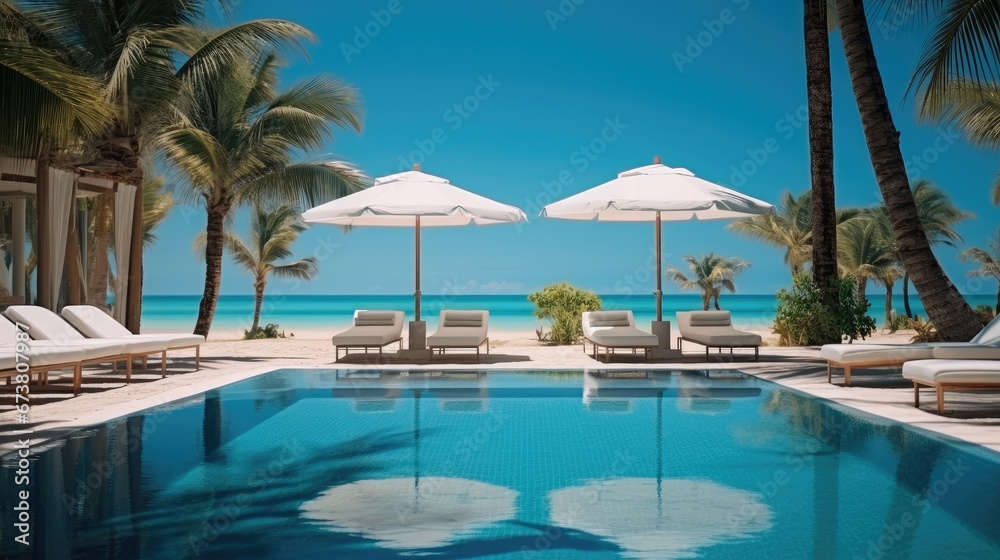 Summer travel vacation background concept, Luxurious swimming pool and loungers umbrellas near beach and sea with palm trees, Amazing relax, Freedom scenic.