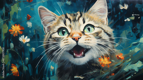 Happy smiling cat on floral background, illustrated.