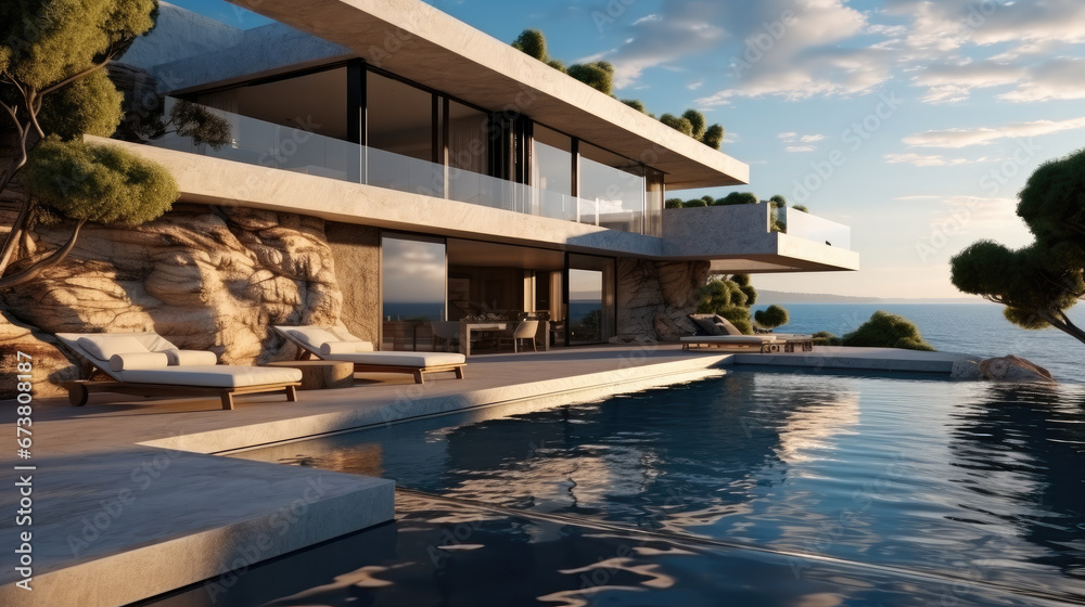 Obraz premium Tranquil modern luxury home showcase exterior with infinity pool and ocean view.