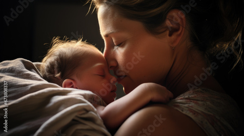 Beautiful young mother with a newborn baby. Motherhood. Tenderness. Space for text.