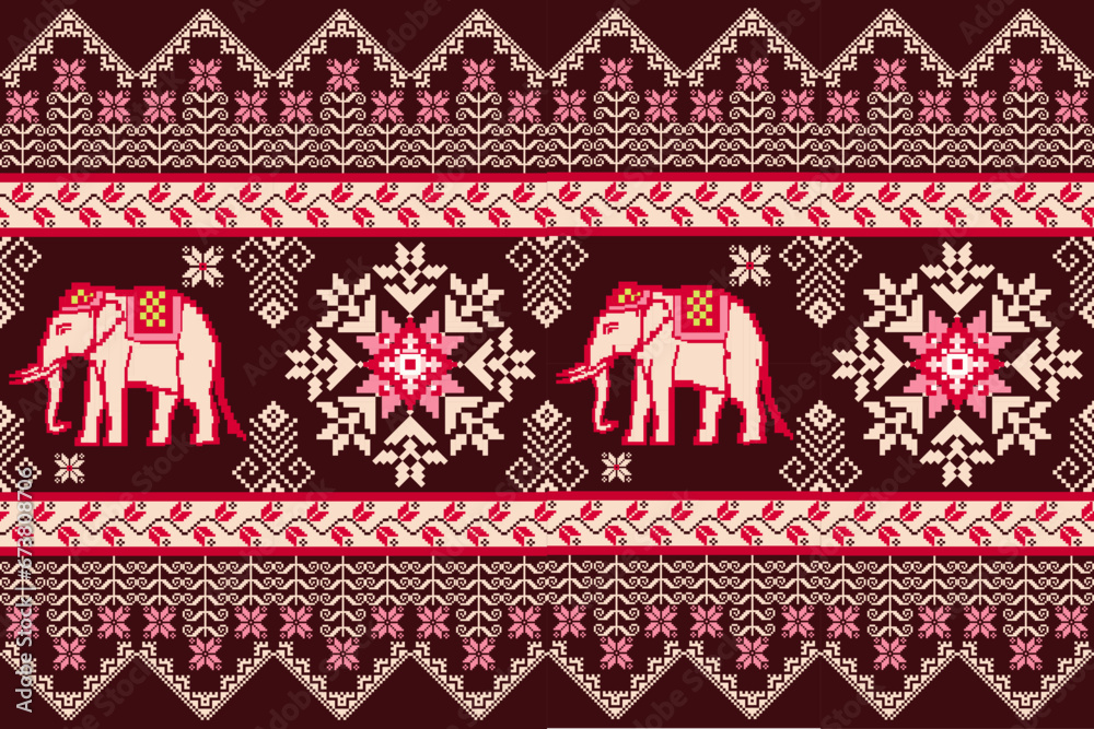 Naklejka premium Ethnic Thai Elephant and Floral Pixel Art Seamless Pattern. Design for fabric, carpet, tile, embroidery, wallpaper, and background