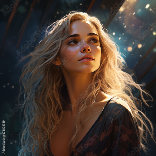 the beauty with long blonde hair in the stars by joanna krause wallpapers, in the style of concept art, lens flare, realistic portrait painter, charming characters, barroco, rtx on, dark cyan and oran photo