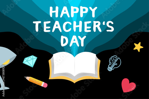 happy teacher's day card poster background with open book blue abstract pencil love star diamond vector illustration for school learn education appreciation to teacher