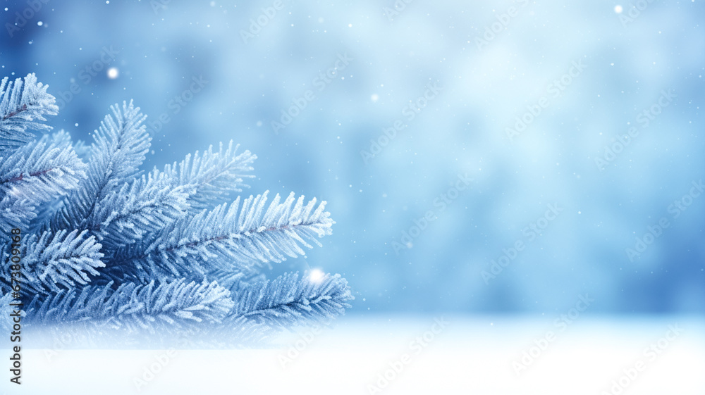 Beautiful winter background image of frosted spruce branches and small drifts of pure snow with bokeh, copy space.