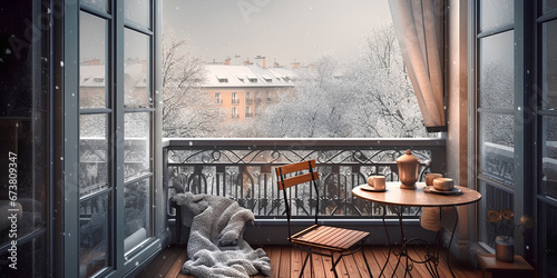 Cozy city terrace with table and chsir in winter. Snowy town on background photo