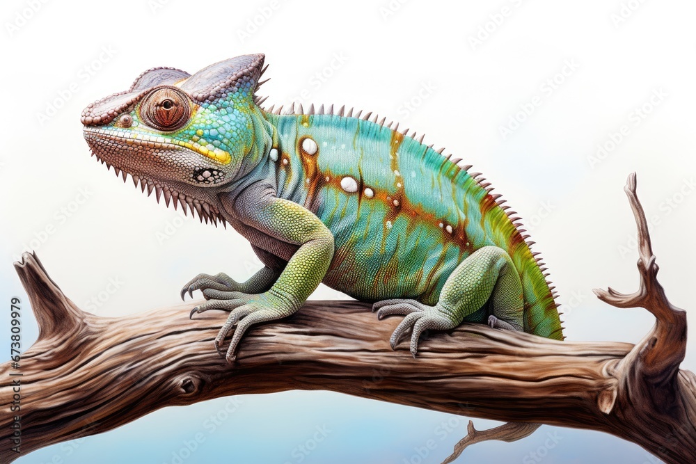 Fototapeta premium A Colorful Camouflaged Chameleon Perched on a Leafy Branch