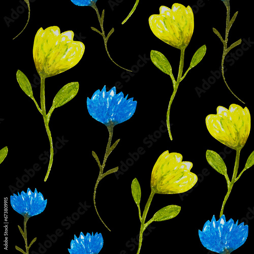 Seamless pattern with yellow and blue flowers of Cornflower (Centaurea cyanus), flowers as a color symbol of the flag of Ukraine. 