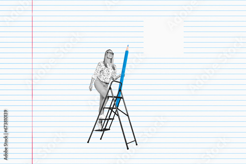 Creative abstract template collage of mature woman climbing stairs for signature document with pencil isolated on striped page background