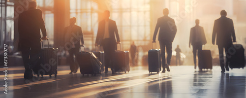 Silhouettes of businesspeople with rolling bags at the airport, warm colors, and a banner-style composition. Perfect for a travel or business concept with a stylish touch.Blurred