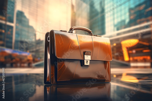  close-up of a luxurious brown leather business briefcase set against the backdrop of a vibrant, glowing cityscape. Elegance meets urban sophistication